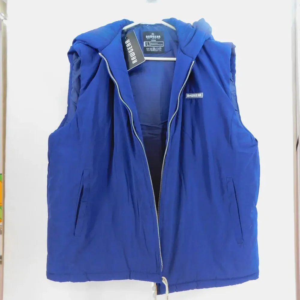 RAWGEAR Mens Insulated Zip Front Puffer Hoodie Vest Navy Double Zipper Large New